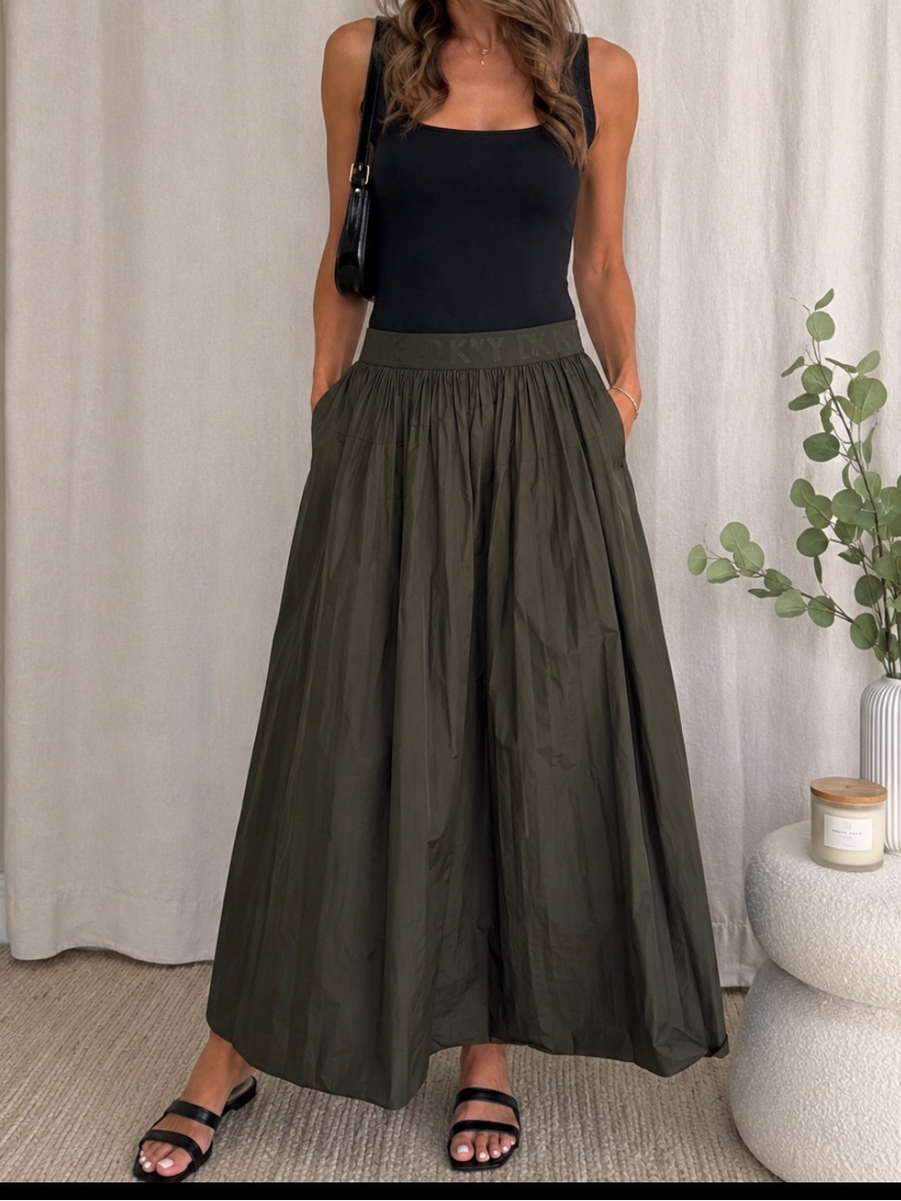 DKNY Olive Green Nylon Maxi Skirt Logo Elastic Waist Size S